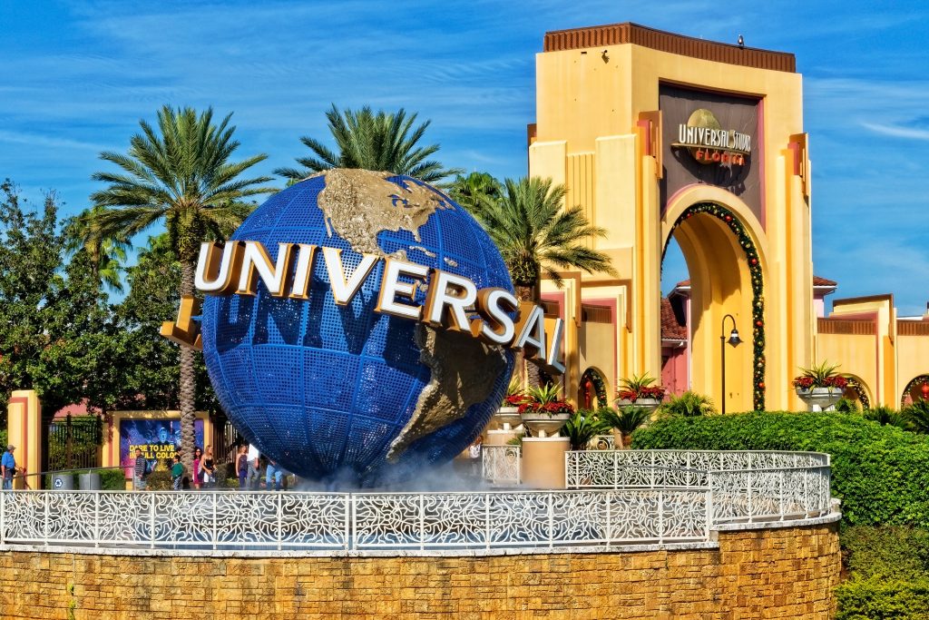 Universal Studios globe located at the entrance to the theme park.