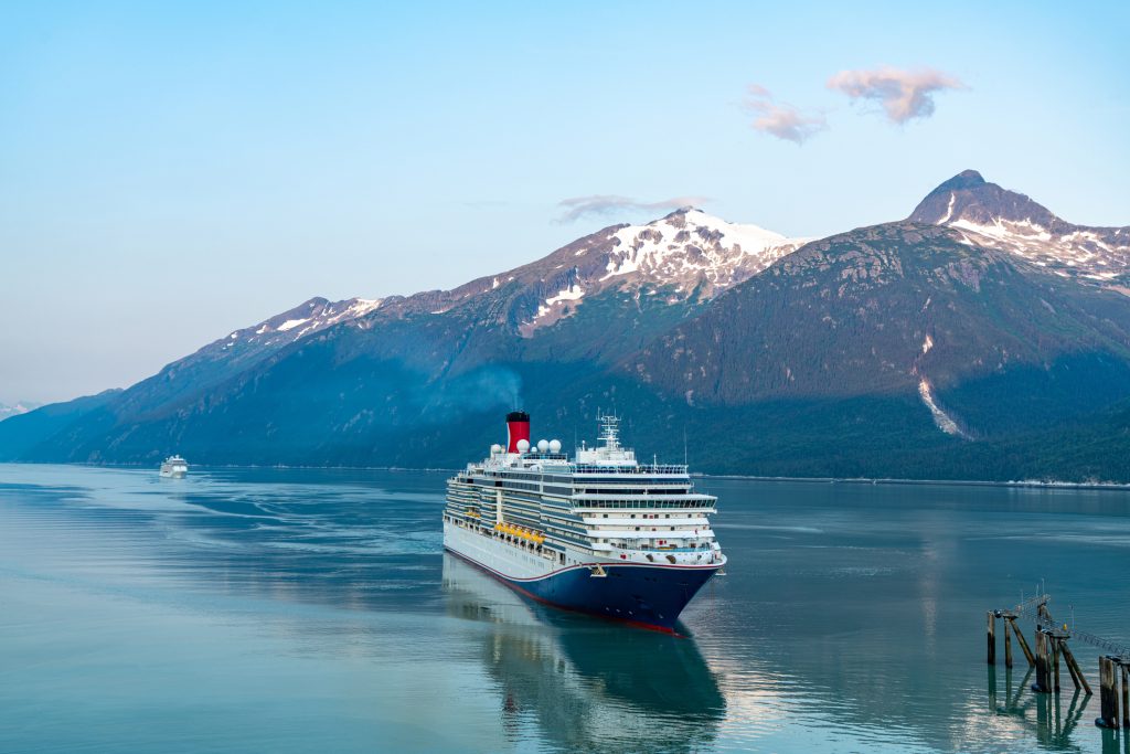 Skagway harbor view at dusk, Alaska, USA.