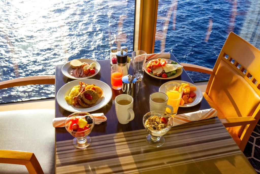 Dining Room Buffet aboard the abstract luxury cruise ship. breakfast with sea view